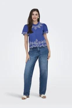 New JDY vera S/S Embroidery Top 4938525 Orient Blue W. Embroidery