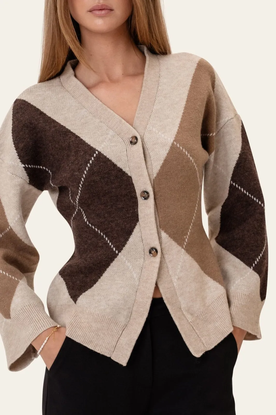 New BYIC Karmaic Fitted Cardigan H081 Beige Argyle
