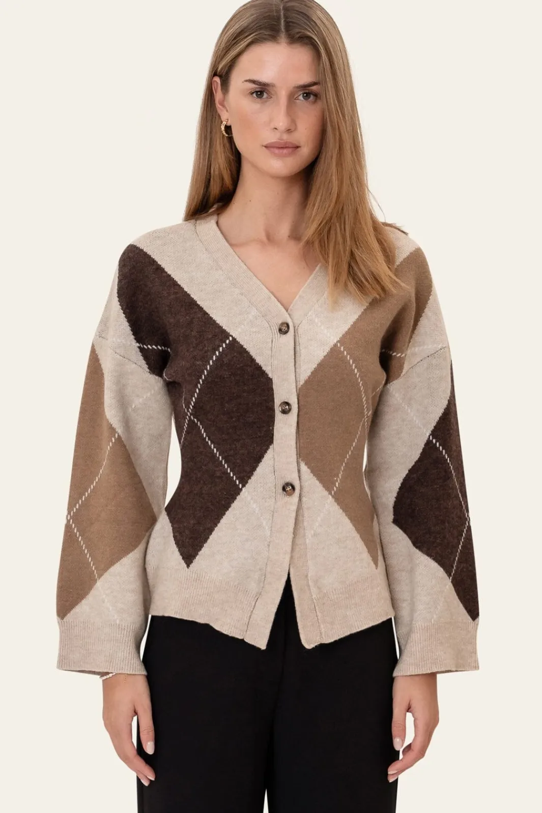 New BYIC Karmaic Fitted Cardigan H081 Beige Argyle