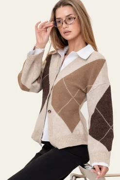 New BYIC Karmaic Fitted Cardigan H081 Beige Argyle