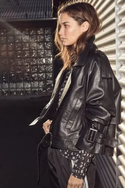 Clearance Haute L'Amitié Leather Trench Jacket HL10165 Black