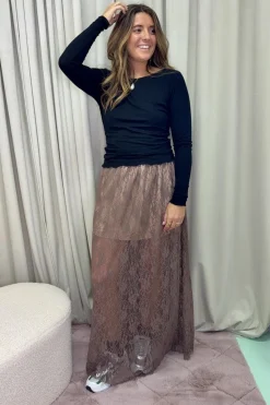 Hot A-bee Long Lace Skirt Taupe