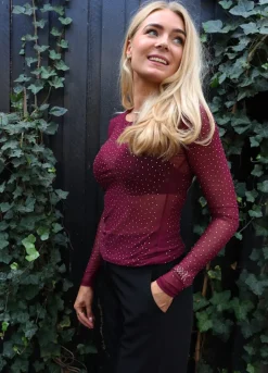 Discount Liberte Mesh Ls Sparkle Tshirt 22134 Bordeaux Diamond Dot