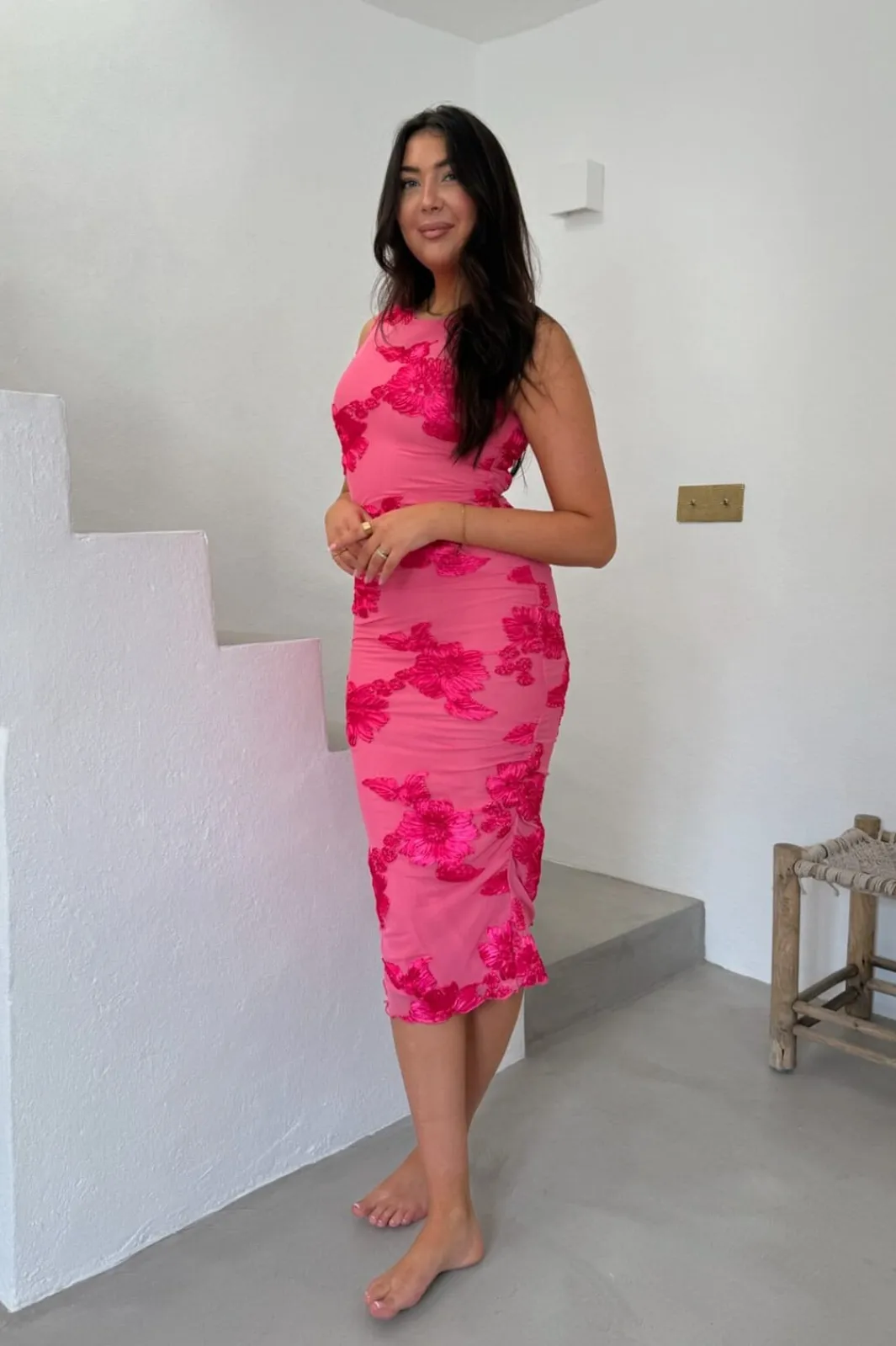Discount BYIC Miraic Mesh Dress A23766 Fuchsia Pink Flower