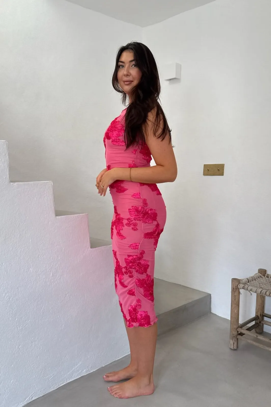 Discount BYIC Miraic Mesh Dress A23766 Fuchsia Pink Flower