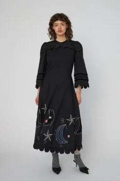 Stella Nova Moon And Star Embroidered Midi Dressms54-4316 999 Black