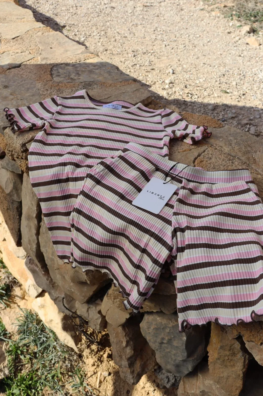 Clearance Liberte Ami Natalia-Shorts-Kids 21234 Brown Rose Creme Stripe