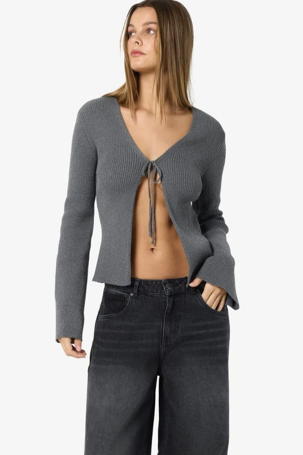 Clearance Noisy May Nmaylin L/S Tie Knit Cardigan Dd 4803686 Charcoal Gray
