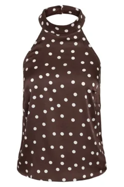 Discount Noisy May Nmbambi Halterneck Satin Top 5054643 Chocolate Brown White Polka