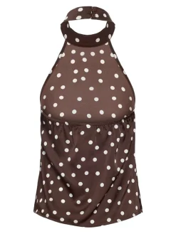 Discount Noisy May Nmbambi Halterneck Satin Top 5054643 Chocolate Brown White Polka