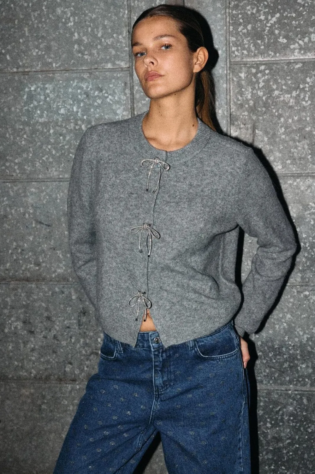 Online Noisy May Nmbrayana L/S Bow Trim Knit Cardigan 4903272 Ultimate Grey Sequin Bow