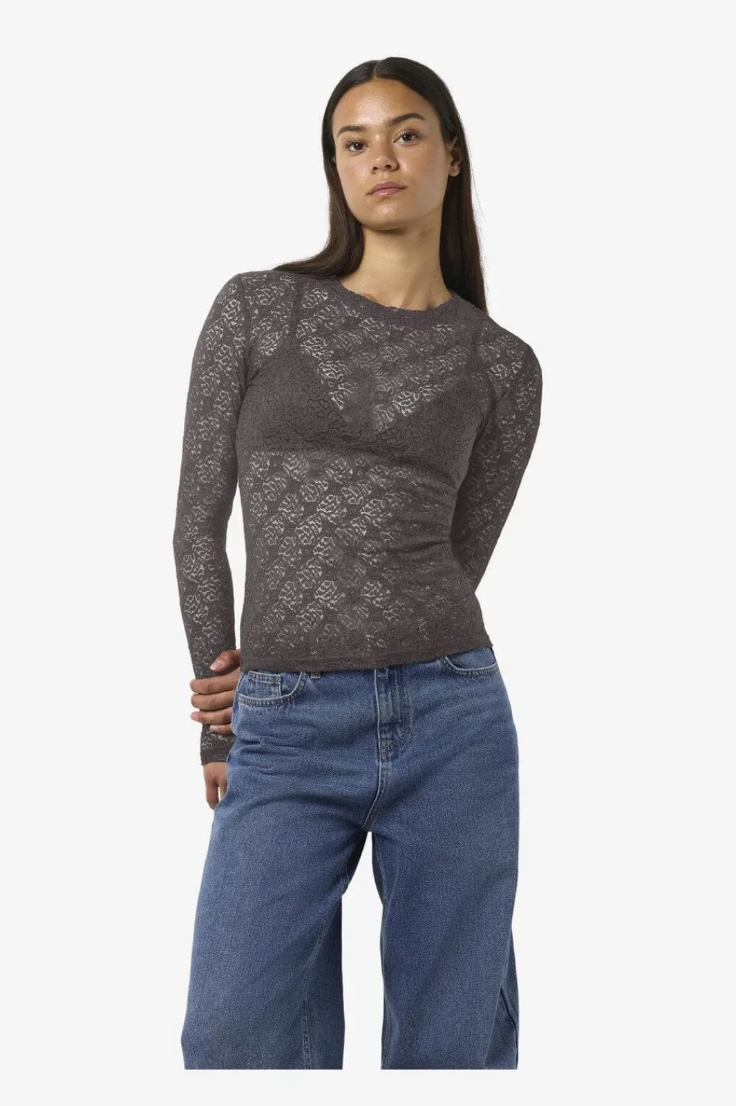 Discount Noisy May Nmjudith L/S Lace Top 4793425 Charcoal Gray