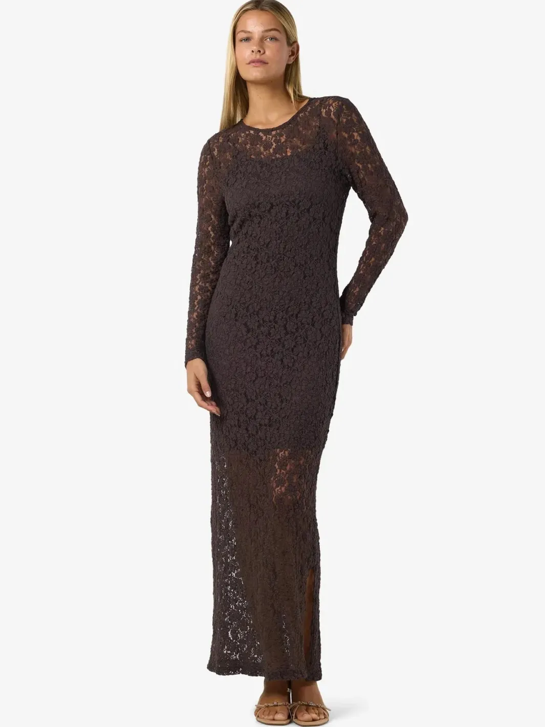 Sale Noisy May Nmmiriam L/S Maxi Lace Dress 5064757 Chocolate Brown
