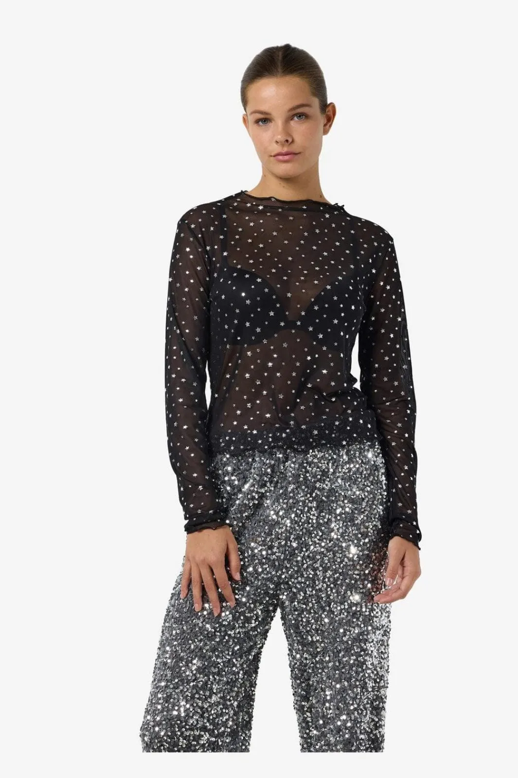 Best Noisy May Nmstar Foil L/S High Neck Mesh Fwd 4651141 Black Silver Glitter Stars