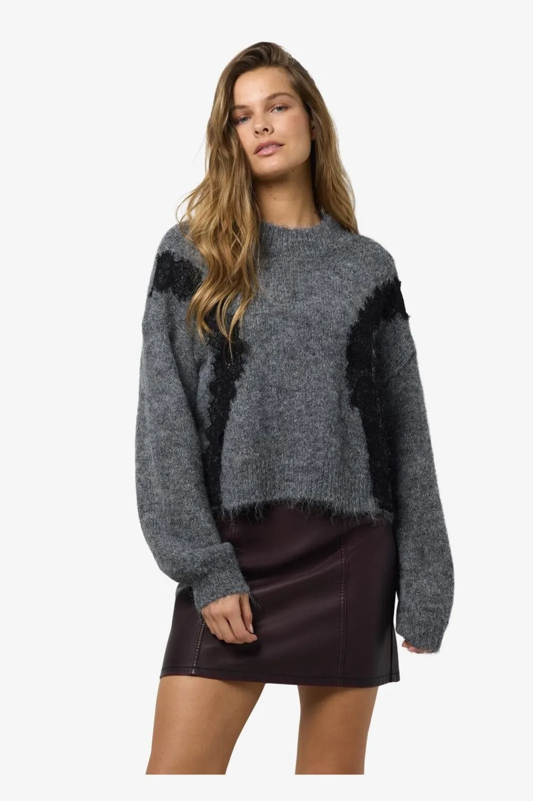 Online Noisy May Nmsutton L/S O-Neck Lace Knit Fwd 4986587 Dark Grey Melange Lace