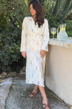 Clearance BYIC Ofeliaic Long Wrap Dress owfp Off White Flower Print