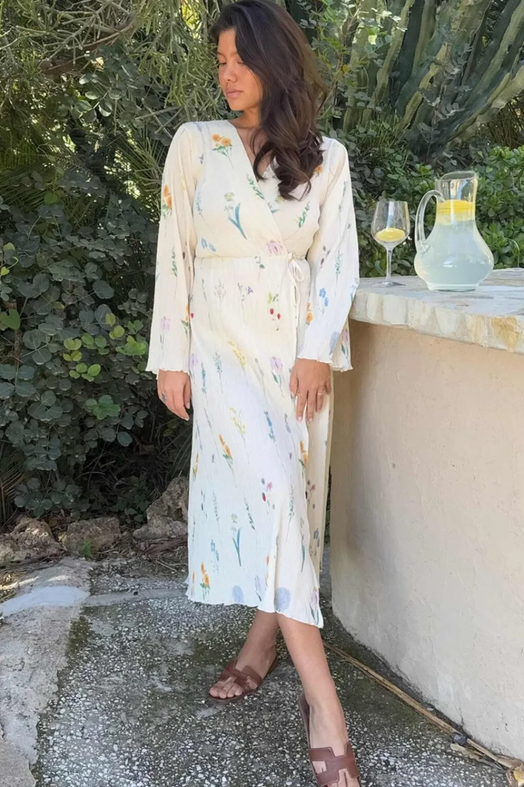 Clearance BYIC Ofeliaic Long Wrap Dress owfp Off White Flower Print