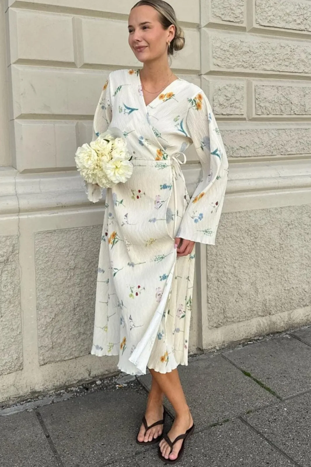 Clearance BYIC Ofeliaic Long Wrap Dress owfp Off White Flower Print