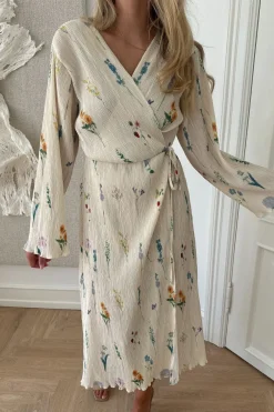 Clearance BYIC Ofeliaic Long Wrap Dress owfp Off White Flower Print