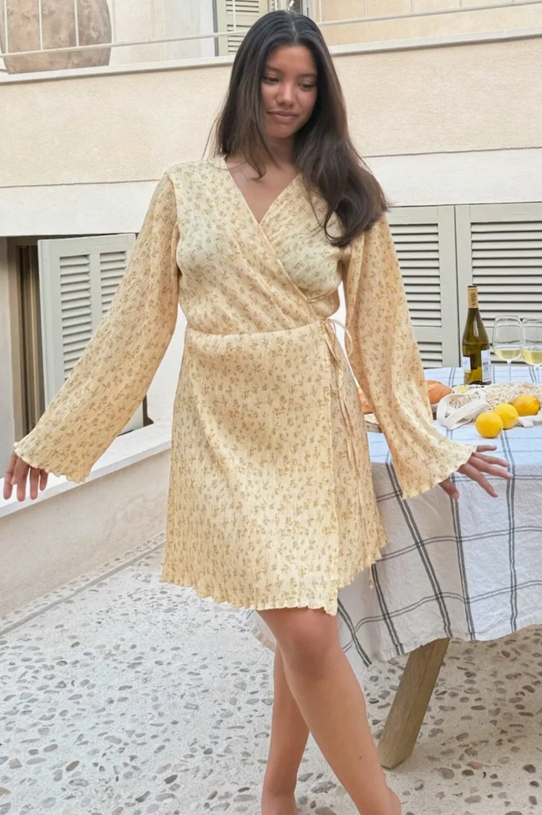 Discount BYIC Ofeliaic Wrap Dress A23934 Yellow Flower Print