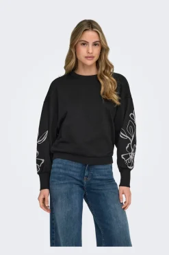 Clearance Only Onlbrooke L/S O-Neck Flower Swt 4989287 Black Magnolia Flower Sleeve Puff
