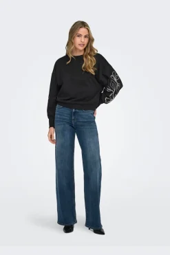 Clearance Only Onlbrooke L/S O-Neck Flower Swt 4989287 Black Magnolia Flower Sleeve Puff