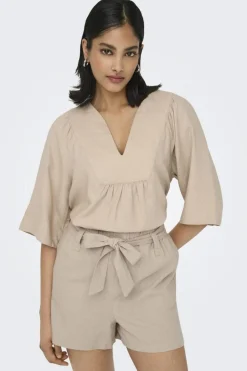 Best Only Onlcaro 2/4 V-Neck Linen Bl Top Cc 4726721 Oxford Tan