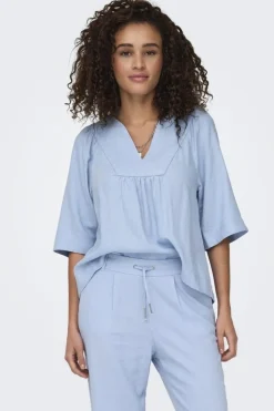 Hot Only Onlcaro 2/4 V-Neck Linen Bl Top Cc 4726719 Cashmere Blue