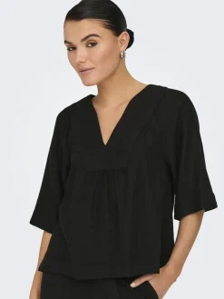 Outlet Only Onlcaro 2/4 V-Neck Linen Bl Top Cc 4726720 Black