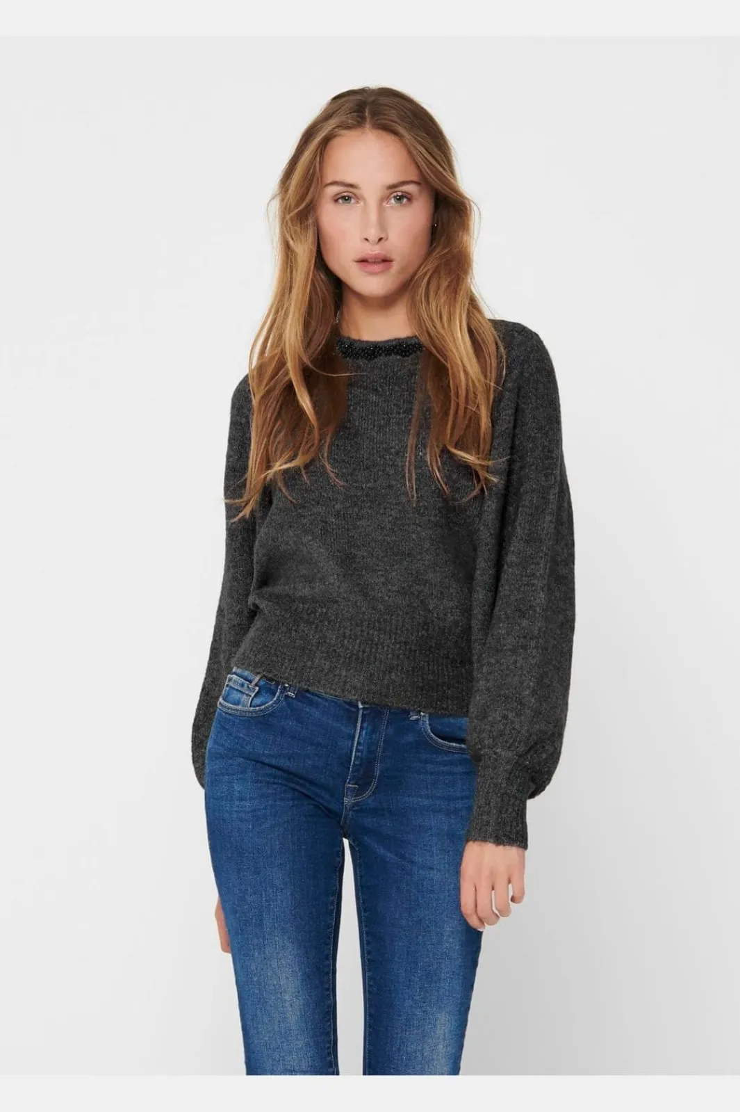 Clearance Only Onlelsa L/S Pullover Knt 4799904 Medium Grey Melange W. Black Pearls
