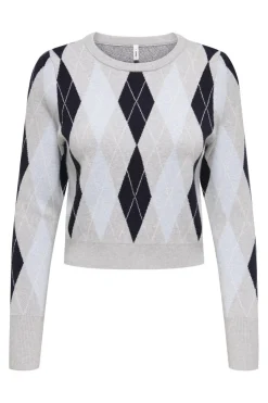 New Only Onlibi Ls Check O-Neck Cc Knt 4947354 Light Grey Melange Night Sky/Cashmere Blue Mel/Babys B