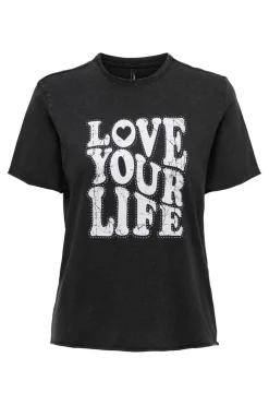 Only Onllucy Reg S/S Stud Top Box Cc 4925410 Black Love Your Life + Silver Studs