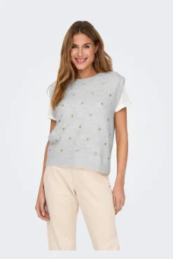 Online Only Onlmelody Sl Embroidery O-Neck Knt 4919768 Light Grey Melange Light Gold Hearts