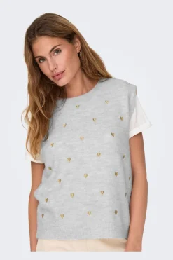 Online Only Onlmelody Sl Embroidery O-Neck Knt 4919768 Light Grey Melange Light Gold Hearts