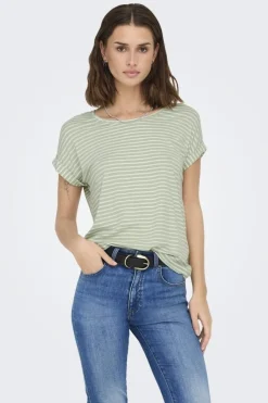 Discount Only Onlmoster Stripe S/S O-Neck Top 4693929 Laurel Green Cloud Dancer