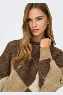 New Only Onlnoeme Life Ls Jq O-Neck Nca Knt 4894899 Chestnut Cocoa Creme/Biscotti/Melange/Argyle