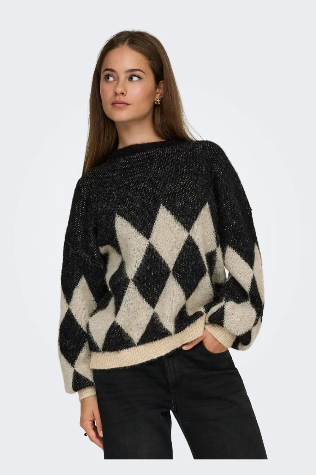 Clearance Only Onlnoeme Life Ls Jq O-Neck Nca Knt 4895268 Black Biscotti/Melange/Harlekin