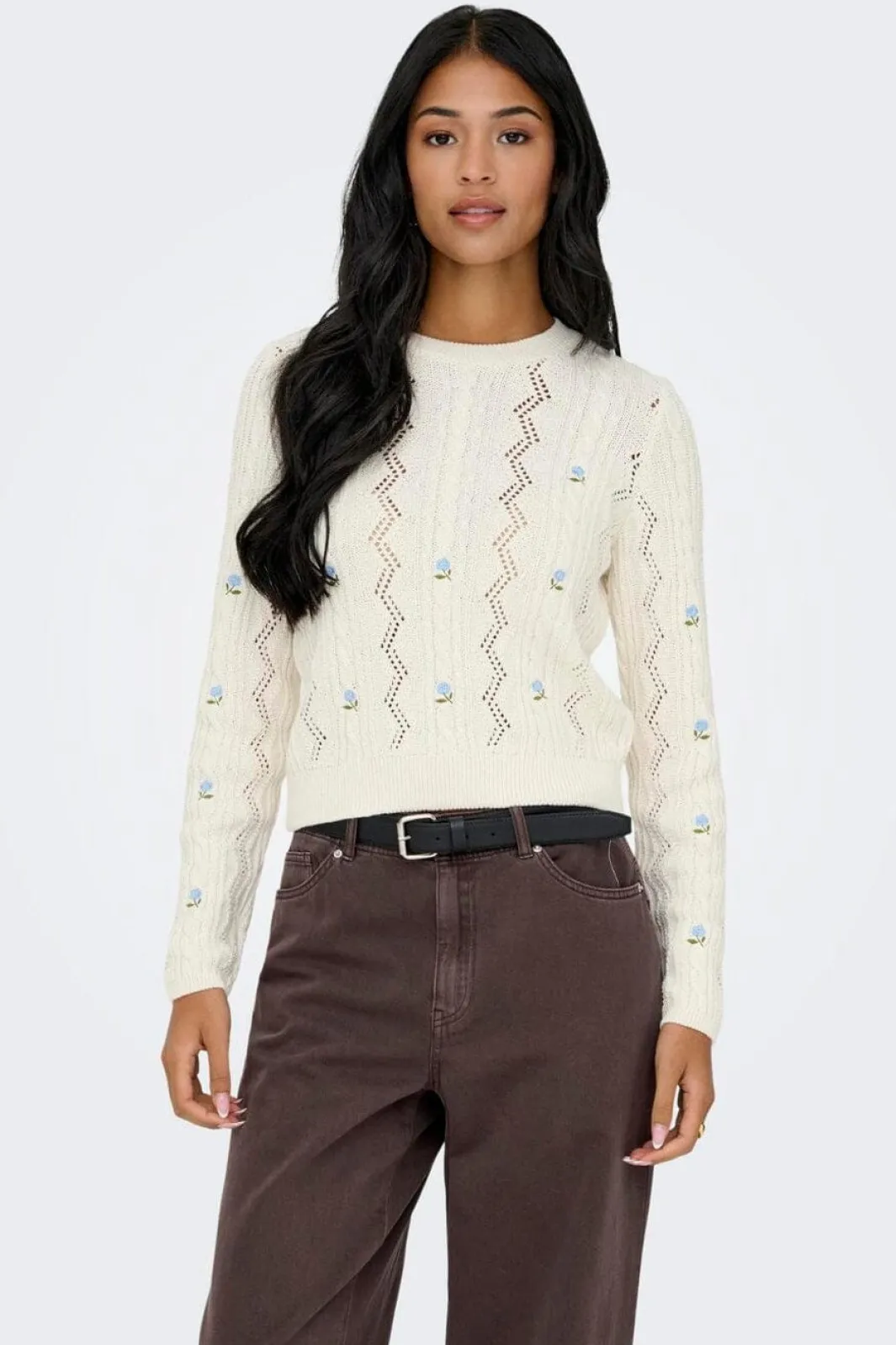 Only Onlrita Life Ls Embr Cable Knt 4862606 Ecru Cashmere Blue Flower