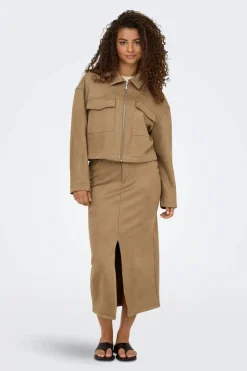 Only Onlstina Life Faux Suede Jacket Cc 4786471 Cocoa Créme W Contrast Stitch