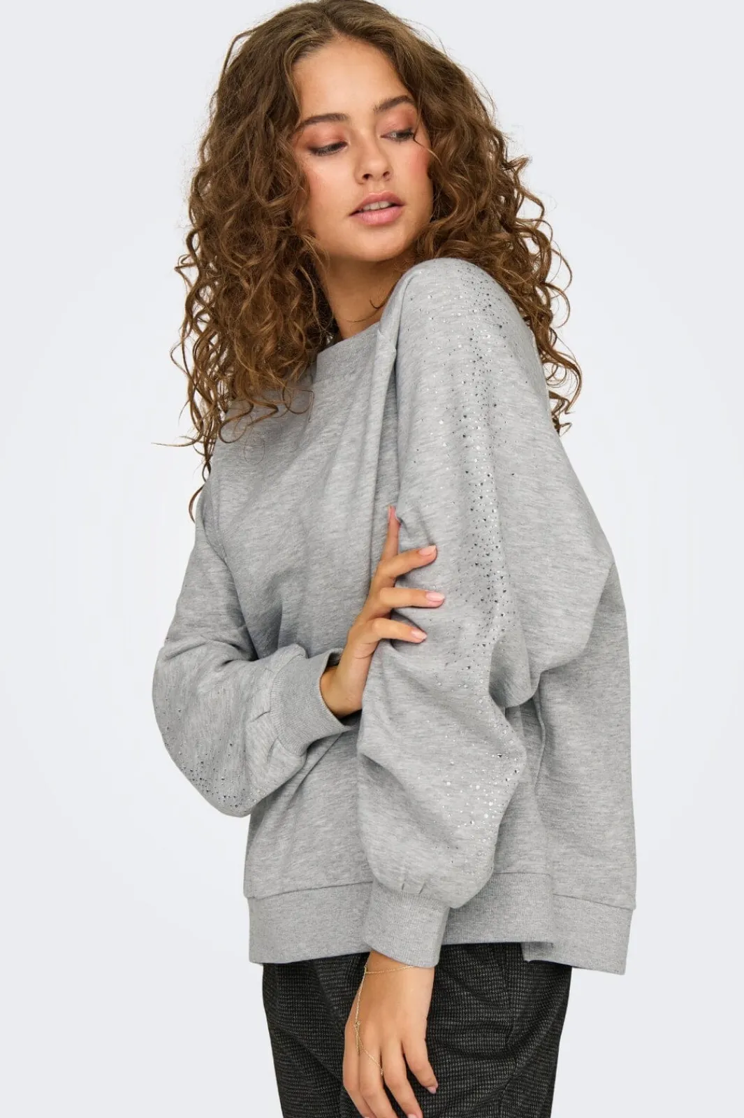 Online Only Onlzenna L/S Oversize Stone Swt 4728633 Light Grey Melange Silver Rhinestones