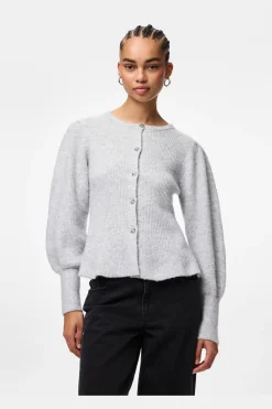 New Pieces Pcannie Ls Knit Cardigan 5077824 Light Grey Melange Silver Button