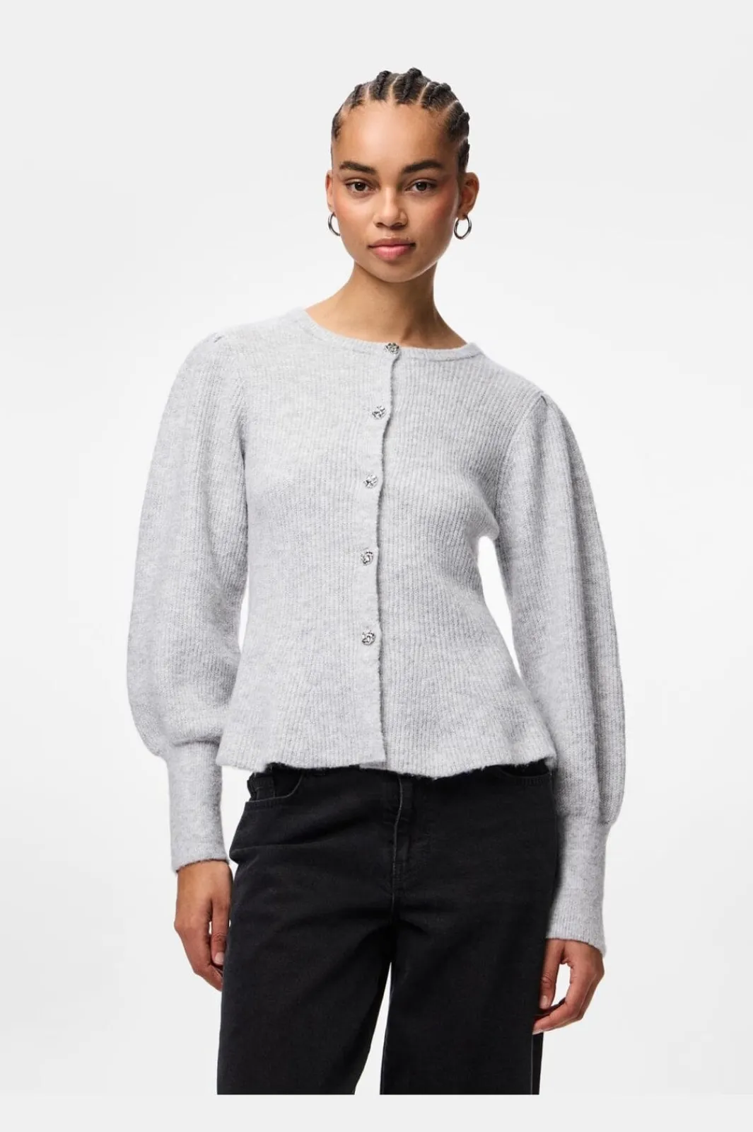 New Pieces Pcannie Ls Knit Cardigan 5077824 Light Grey Melange Silver Button