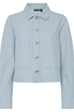 New Pieces Pcbillo Denim Jacket 4819961 Light Blue Denim White Stripes