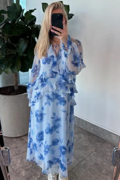 Clearance Pieces Pcclara Ls Long V-Neck Dress 4866095 Cashmere Blue Blue Flowers