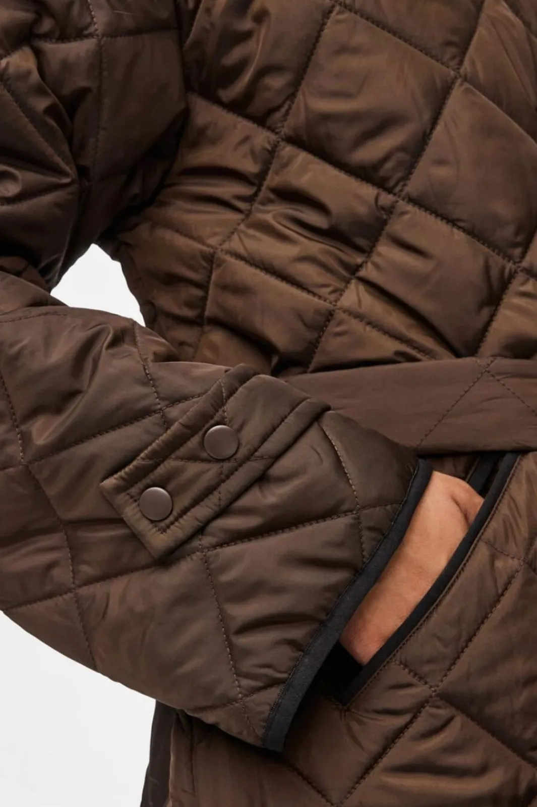 New Pieces Pcemily Long Quilted Jacket 4816860 Hot Fudge Black Bindings