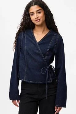 Outlet Pieces Pcfenna Ls Denim Wrap Shirt Fsy 4986826 Dark Blue Denim Rinse