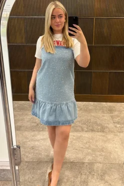 Discount Pieces Pcnoel Short Slip Denim Dress Fsy 4936547 Light Blue Denim Rhine Stones