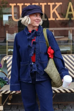 Best Pieces Pcofelia Ls Bow Denim Shirt Fsy 4748763 Medium Blue Denim Black Satin Bow