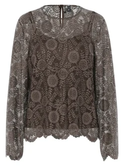Discount Pieces Pcolline Ls Lace O-Neck Top 4864825 Hot Fudge