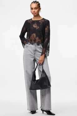 Sale Pieces Pcrinne Ls Lace Top Kca 5071431 Black